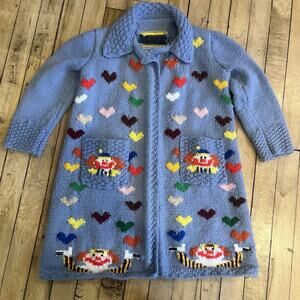 Hand Knit Kids Cardigan Sweater Clown Horse Folk Art Vintage